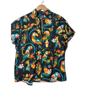 Jeff Granito Hawaiian Shirt Button Up Birds Singing Words Tiki Room Black 2XL